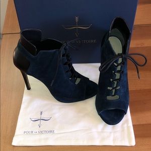 Pour La Victoire Navy Lace-Up Heeled Boots